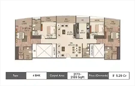 Sai World Empire 4 BHK floor plan, 2173 sq ft carpet area