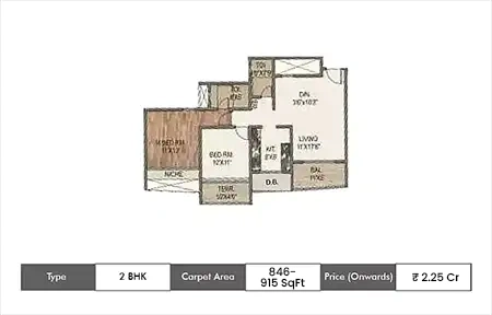 Sai World Empire 2 BHK floor plan, 846 sq ft carpet area